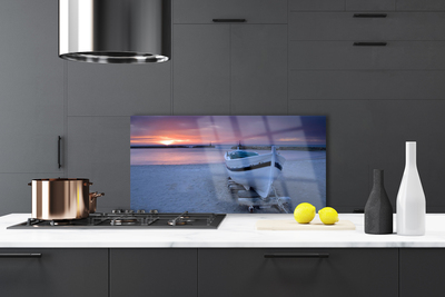 Kitchen Splashback Boat beach sea sun landscape white black yellow grey