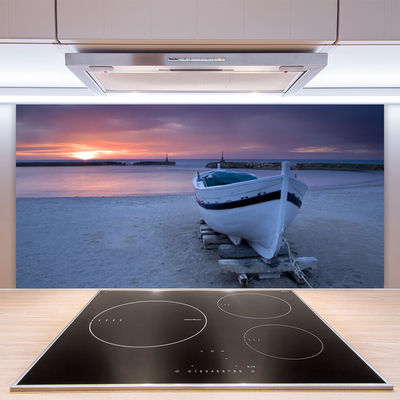 Kitchen Splashback Boat beach sea sun landscape white black yellow grey