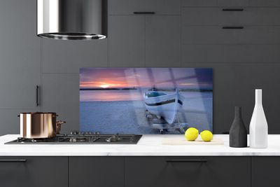 Kitchen Splashback Boat beach sea sun landscape white black yellow grey