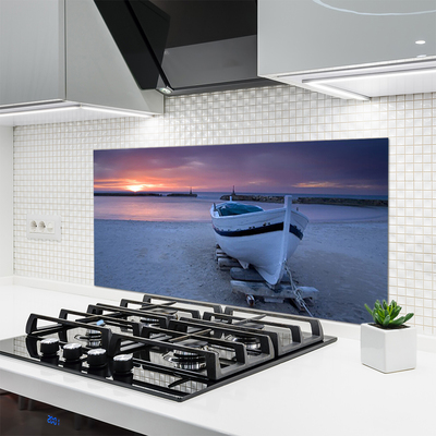 Kitchen Splashback Boat beach sea sun landscape white black yellow grey