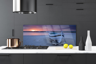 Kitchen Splashback Boat beach sea sun landscape white black yellow grey