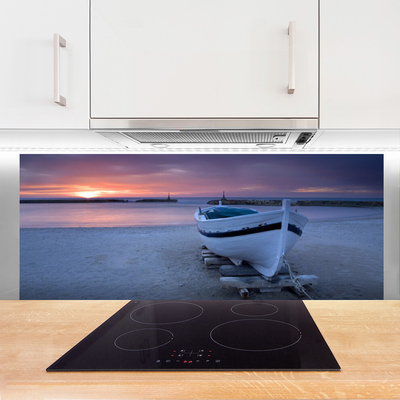 Kitchen Splashback Boat beach sea sun landscape white black yellow grey