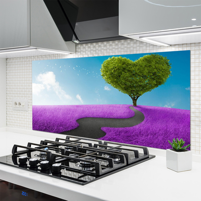 Kitchen Splashback Meadow footpath tree nature pink grey green