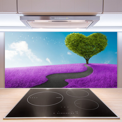 Kitchen Splashback Meadow footpath tree nature pink grey green