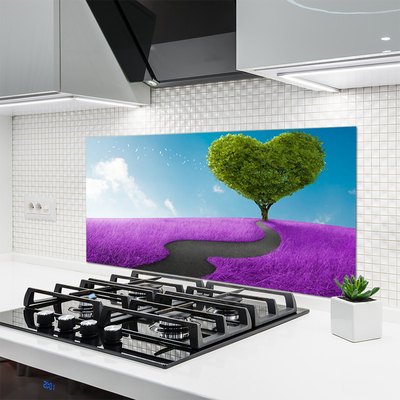 Kitchen Splashback Meadow footpath tree nature pink grey green