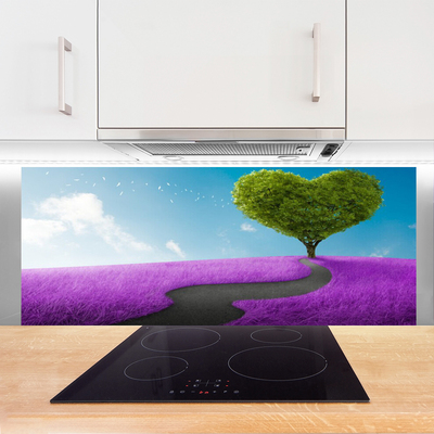 Kitchen Splashback Meadow footpath tree nature pink grey green