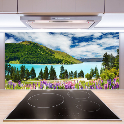 Kitchen Splashback Mountain forest lake meadow landscape green blue purple pink