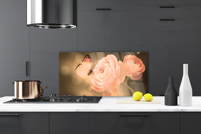 Kitchen Splashback Butterfly roses nature beige