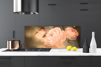 Kitchen Splashback Butterfly roses nature beige