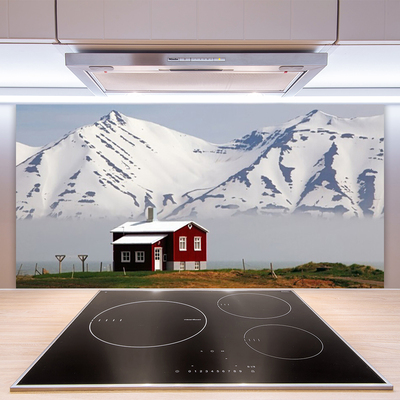 Kitchen Splashback Mountain house landscape white grey brown green