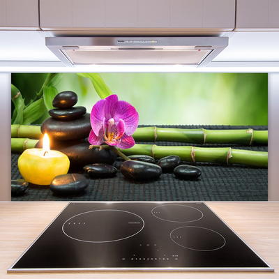 Kitchen Splashback Bamboo flower stones candle art green pink black yellow