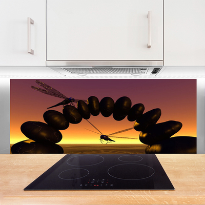 Kitchen Splashback Dragonflies stones art black yellow