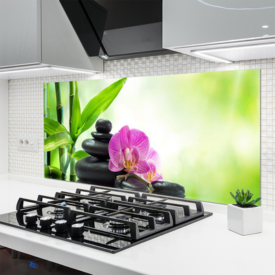 Kitchen Splashback Bamboo tube flower stones floral green black pink