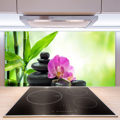 Kitchen Splashback Bamboo tube flower stones floral green black pink