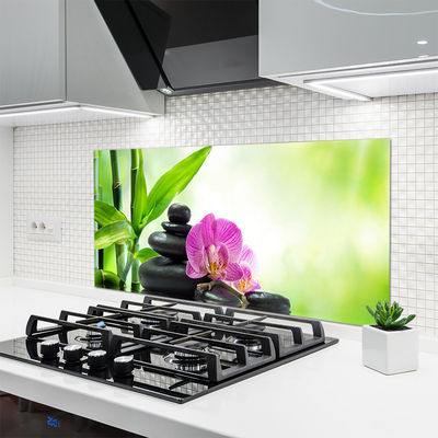 Kitchen Splashback Bamboo tube flower stones floral green black pink