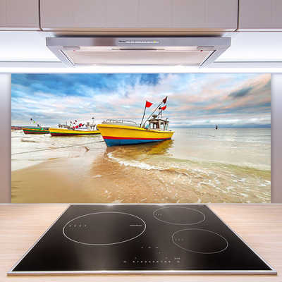 Kitchen Splashback Boats beach sea landscape brown green red blue