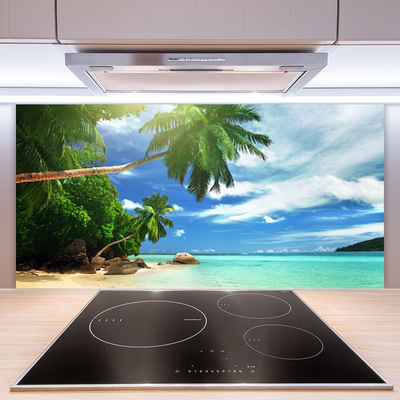 Kitchen Splashback Palm tree beach sea landscape brown green blue