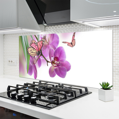 Kitchen Splashback Butterflies flowers nature yellow pink grey