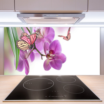 Kitchen Splashback Butterflies flowers nature yellow pink grey