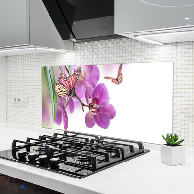 Kitchen Splashback Butterflies flowers nature yellow pink grey