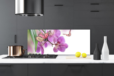 Kitchen Splashback Butterflies flowers nature yellow pink grey