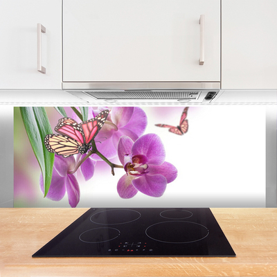 Kitchen Splashback Butterflies flowers nature yellow pink grey