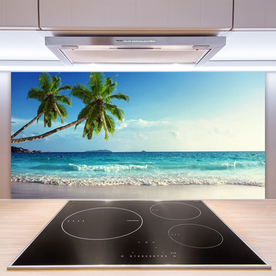 Kitchen Splashback Palm trees beach sea landscape brown green grey blue