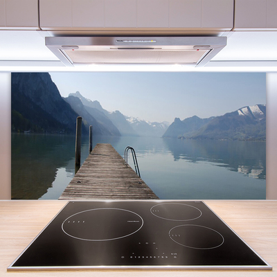 Kitchen Splashback Mountains lake bridge architecture grey green brown