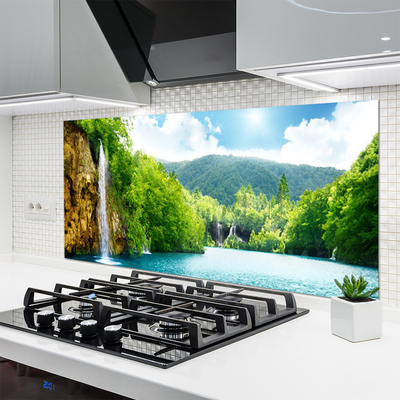 Kitchen Splashback Mountain forest lake landscape brown green blue