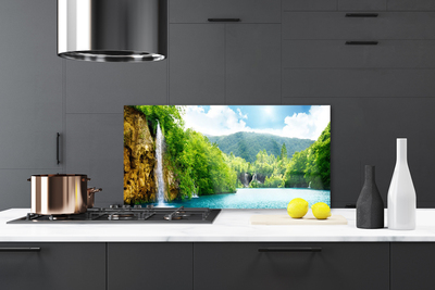 Kitchen Splashback Mountain forest lake landscape brown green blue