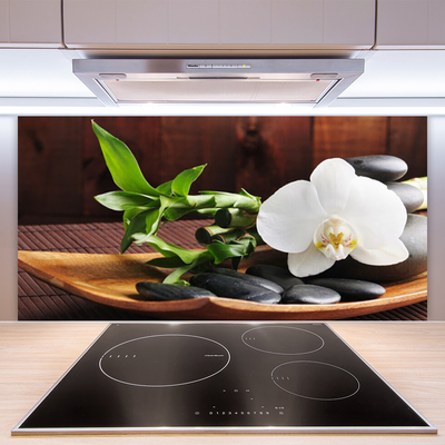 Kitchen Splashback Flower bamboo tube stones art white green black