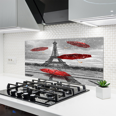 Kitchen Splashback Eiffel tower umbrella architecture grey red
