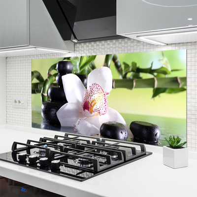 Kitchen Splashback Bamboo cane flower stones floral green white black