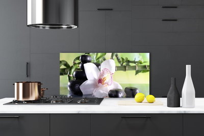 Kitchen Splashback Bamboo cane flower stones floral green white black