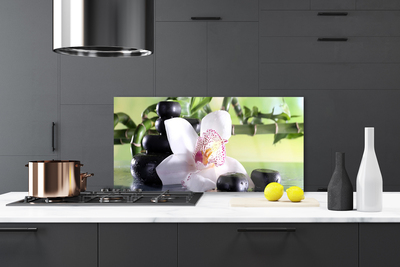 Kitchen Splashback Bamboo cane flower stones floral green white black