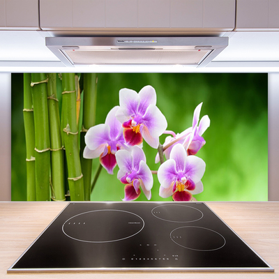 Kitchen Splashback Bamboo tube flowers floral green pink