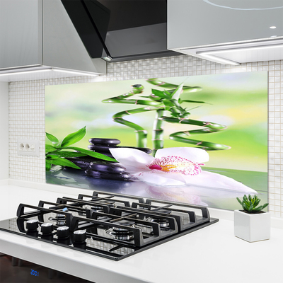 Kitchen Splashback Bamboo stalks flower stones floral green white black