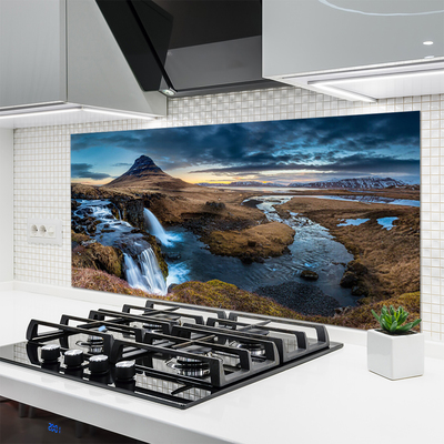 Kitchen Splashback Mountains waterfall lake landscape blue grey green white