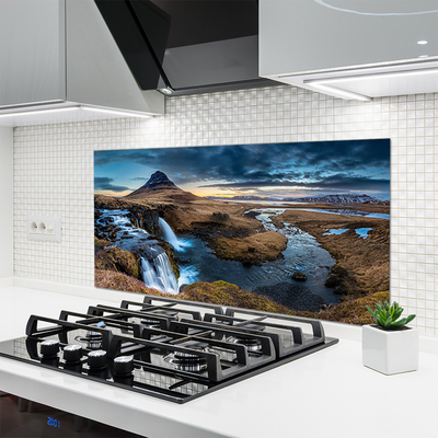 Kitchen Splashback Mountains waterfall lake landscape blue grey green white