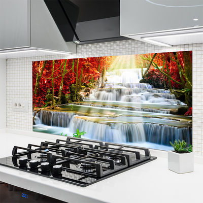 Kitchen Splashback Waterfall forest nature green orange blue white