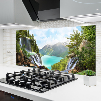 Kitchen Splashback Mountain bay waterfall nature grey blue green brown