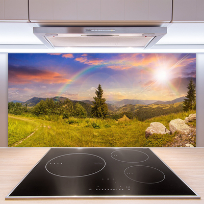 Kitchen Splashback Sun mountains meadow stones nature yellow green brown