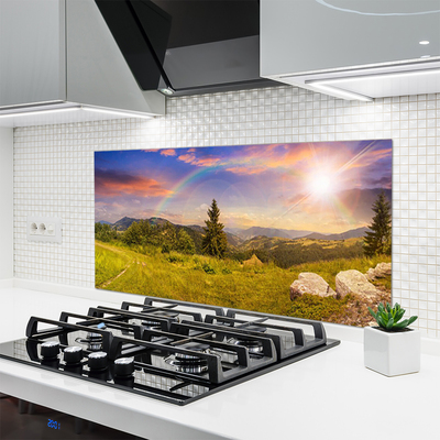 Kitchen Splashback Sun mountains meadow stones nature yellow green brown