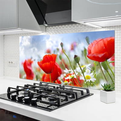 Kitchen Splashback Poppies daisies floral red yellow white