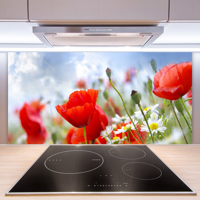 Kitchen Splashback Poppies daisies floral red yellow white