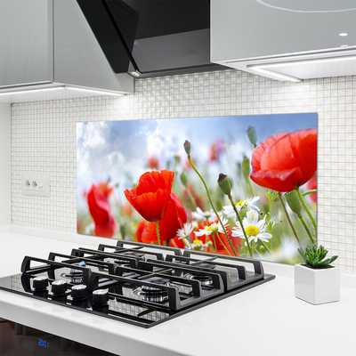 Kitchen Splashback Poppies daisies floral red yellow white