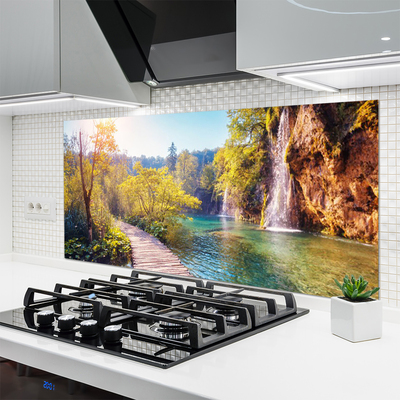 Kitchen Splashback Trees lake rock bridge landscape brown green blue