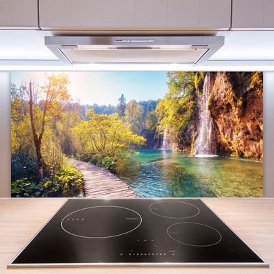 Kitchen Splashback Trees lake rock bridge landscape brown green blue