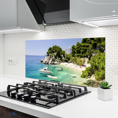 Kitchen Splashback Sea boat beach rocks landscape blue white green grey