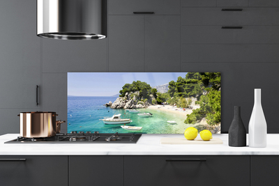 Kitchen Splashback Sea boat beach rocks landscape blue white green grey